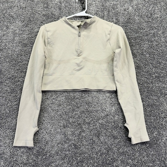 Work Out Tops - Work Out Quarter Zip Pullover Womens S Beige Seamless Crop Top
